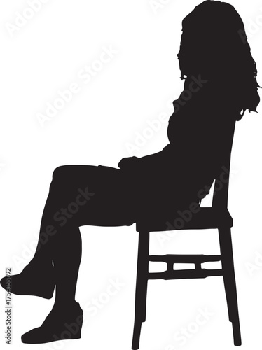 vector,silhouette of side view of a woman sitting on chair cross legged,looking at camera