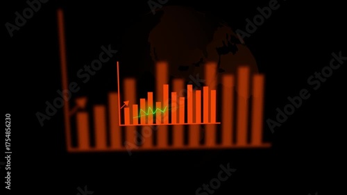 Orange bars showing global financial growth with Earth reflection, business data visualization. Global Financial Bar Chart in Orange with Earth Silhouette and Reflection finance.