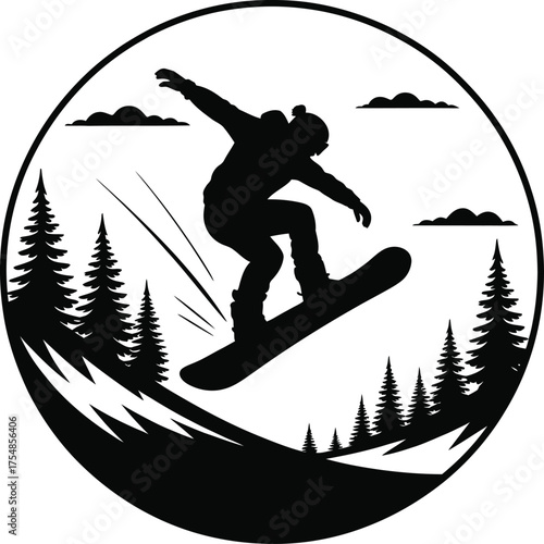 Dynamic snowboarder mid air jump silhouette action