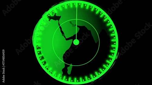 Digital radar interface featuring green Earth globe and Africa continent, modern photo visualization. Green Radar Screen Displaying Earth Globe and Africa Continent image photo.