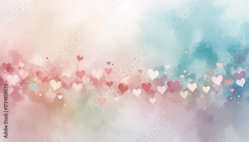 soft watercolor hearts in a harmonious pattern on a pastel gradient background
