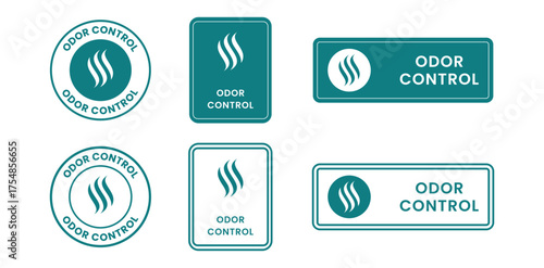 Odor Control logo template set with scent symbol and wavy lines icon, collection of circular, square, and rectangular labels in solid black and outlined styles for deodorant, air freshener, and sanita