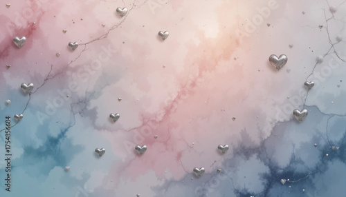 watercolor background with shimmering hearts and soft pastel hues creating a romantic atmosphere
