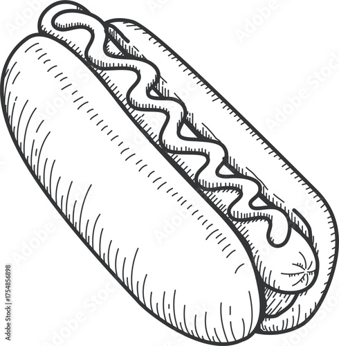 Hot dog outline sketch isolated on black background classic american fast food icon delicious sausage grilled simple design vector illustration perfect for food illustrations