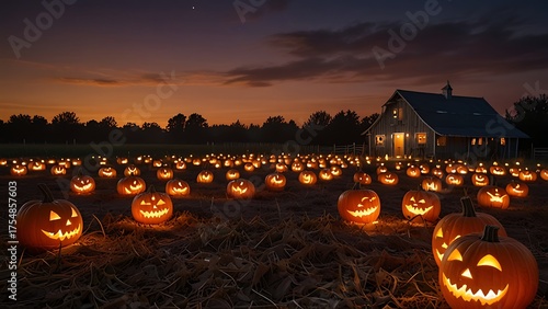 Spooky Pumpkin Patch Lit by Warm Lanterns Beneath a Twilight Sky
