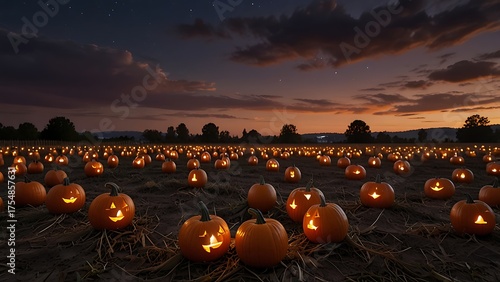 Atmospheric Twilight Landscape with Pumpkins and Soft Lantern Light