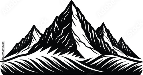 Mountain silhouette, isolated vector of mountain peaks, minimalist mountain range, outdoor landscape illustration, nature icon, black shape, hiking and adventure concept