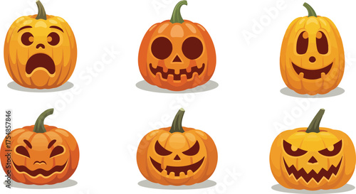 Collection of six carved halloween pumpkins with different spooky faces