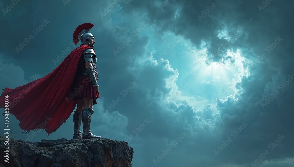 Fototapeta premium Roman soldier stands on cliff looking at horizon. Warrior wears helmet, armor, cape, boots. He looks at sky full of stormy clouds. Image about brave hero with motivation in past.