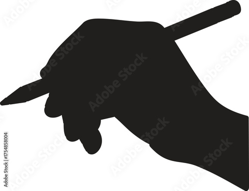 Flat hand holding pen silhouette, writing or drawing concept, creative design icon, vector illustration, isolated black shape, office, education, signature, sketch tool