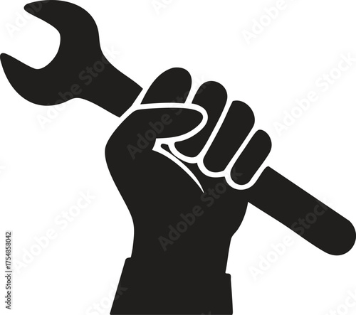 Hand holding wrench silhouette, mechanic repair tool icon, industrial maintenance work, DIY equipment, vector illustration, handyman concept, isolated black shape