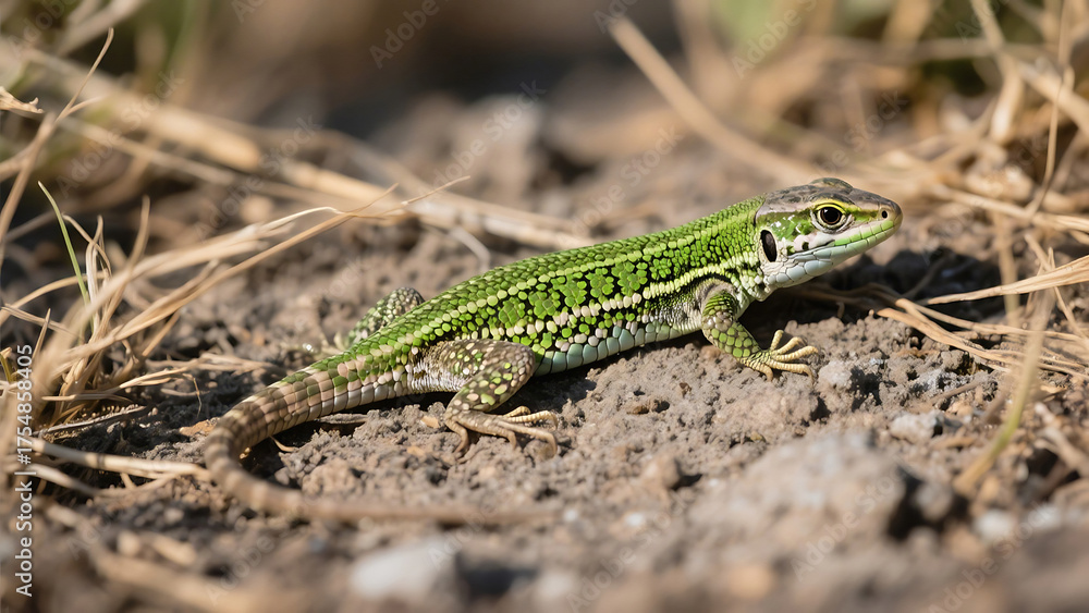 Naklejka premium A green lizard with black spots resting on dirt and dry grass in a natural outdoor environment