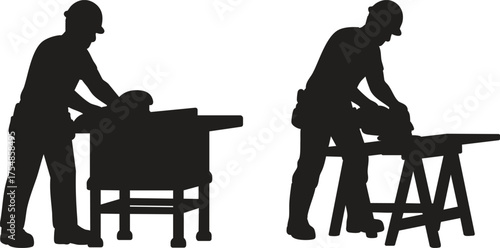 Set of construction worker silhouettes in various positions, builder and laborer vector illustrations, hard hat worker icons, industrial and building activity, isolated black shapes