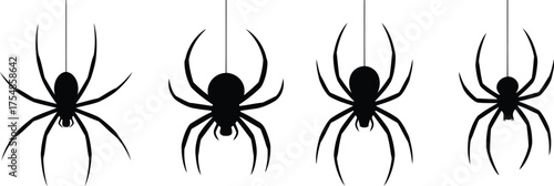 Four black spiders hanging on silken threads silhouette collection