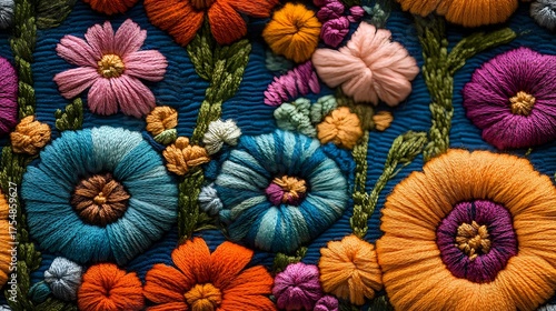 Wallpaper Mural Vibrant embroidered flowers in blue, orange, pink and purple hues create dimensional texture on dark fabric. Colorful floral needlework showcases intricate handcrafted details. Torontodigital.ca