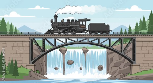 Vintage steam train crossing a bridge over a scenic waterfall landscape