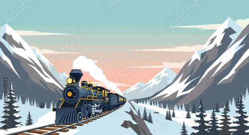 Vintage steam train crossing a snowy mountain landscape illustration