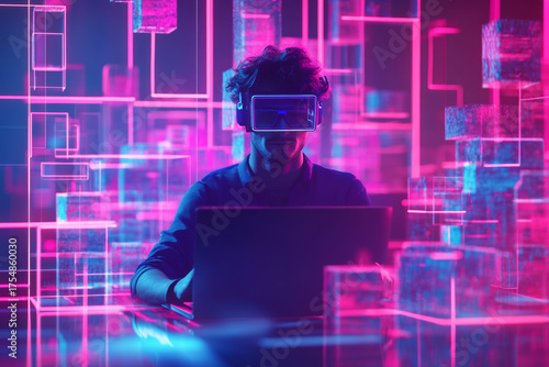 Young man using virtual reality headset with laptop surrounded by neon digital cubes and lines, immersive futuristic technology experience in dark room