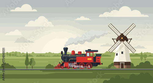Vintage steam train crossing a rural landscape with a windmill scenery