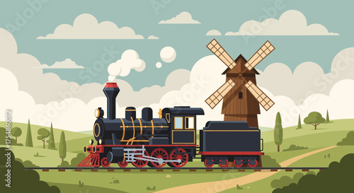 Vintage steam train in the countryside landscape near the windmill scene