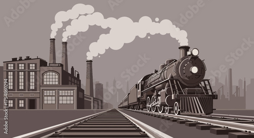Vintage steam train journey through industrial landscape illustration