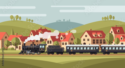 Vintage steam train passing through a quaint village under a pastel sky