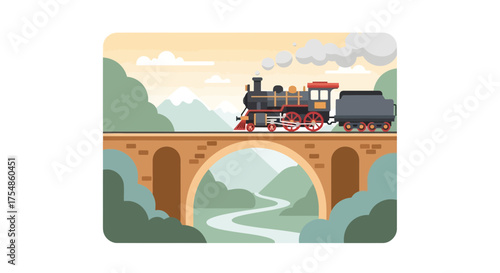 Vintage steam train passing a bridge over a river in scenic landscape