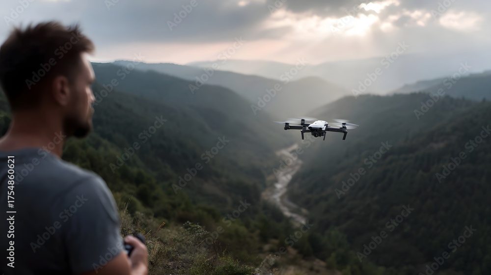 Fototapeta premium Man controls drone flying over a vast verdant mountain valley at sunrise
