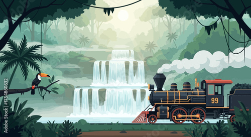 Vintage Train Adventure Through the Exotic Rainforest with Waterfalls