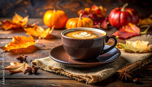 A brown cup of latte art, with autumn leaves and pumpkins on a dark, rustic wooden surface