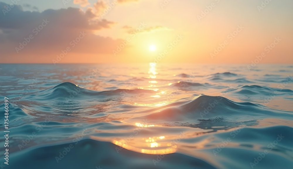Obraz premium Sunset Over Gentle Ocean Waves — Peaceful Sea Landscape with Golden Light Reflection