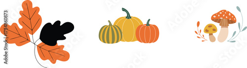 Autumn harvest and fall foliage with whimsical mushrooms and gourds