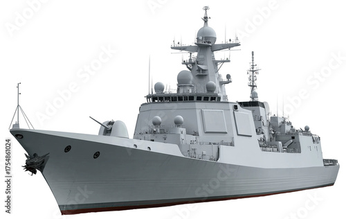 a 052d chinese frigate, photographed against a white background. the image shows a front view and a full side profile of the vessel, captured in white and gray tones using a telephoto lens.
