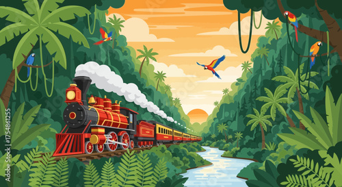 Vintage train journey through lush jungle landscape with exotic parrots