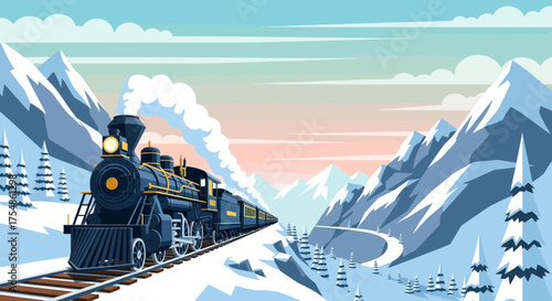 Vintage train journey through snow-covered mountains, picturesque travel