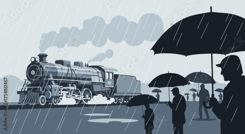 Vintage train riding through the rain with people holding umbrellas