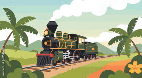 Whimsical vintage train with palm trees and landscape illustration
