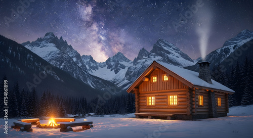 Cozy wooden cabin glowing warmly under starry night sky with aurora borealis and mountains