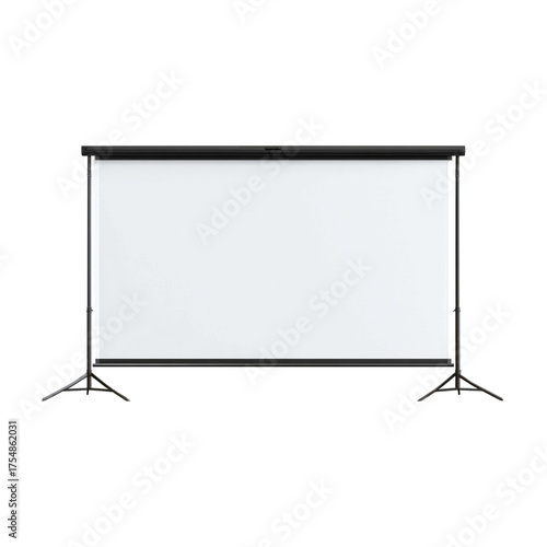 Portable white projection screen on stand for presentations and home theater setup