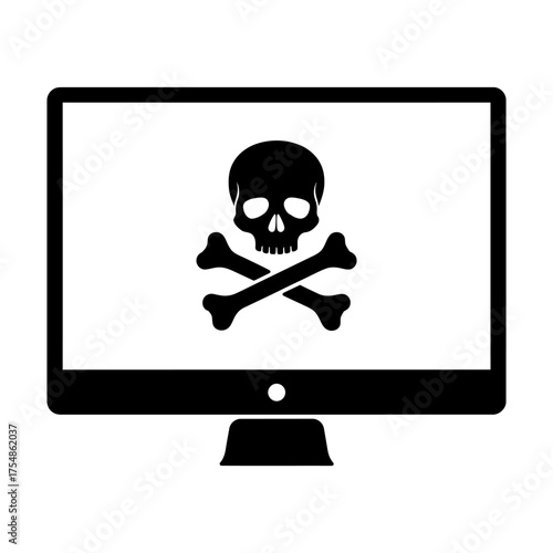 Monochrome monitor displaying skull and crossbones symbol threatening digital security vector