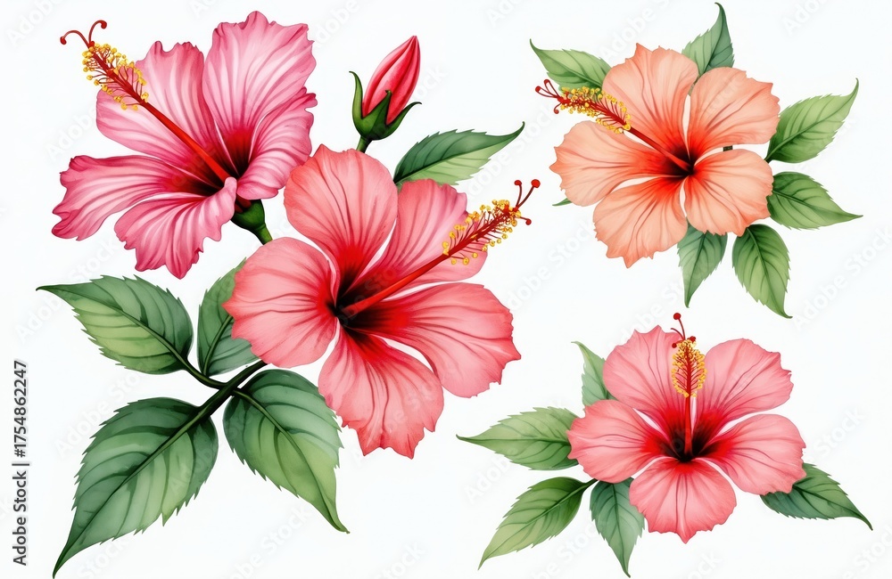 Obraz premium Vibrant watercolor hibiscus flowers with green leaves, single bud. Large pink, red, orange blooms hand drawn on white background. Tropical blossoms, floral elements, botanical art for summer design.