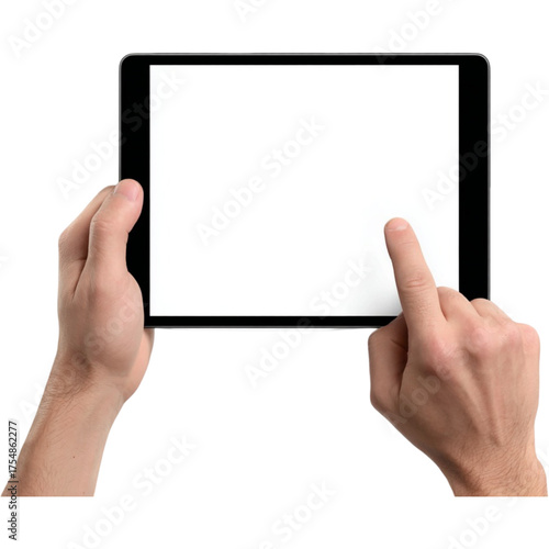 Male hands holding a digital tablet with a blank screen ready for content on a
