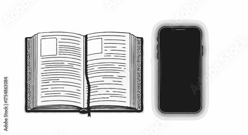 An open textbook beside a smartphone, symbolizing modern learning blending traditional knowledge with digital tools. Minimalist monochrome vector illustration ideal for education or tech concepts.