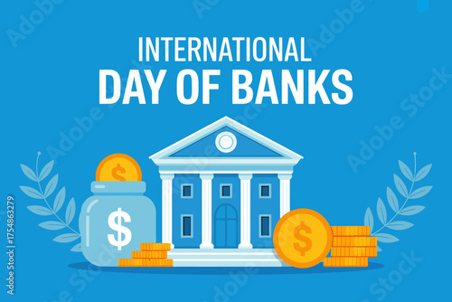 International Day of Banks Illustration with Classic Building and Money Icons on Blue Background Symbolizing Financial Strength and Stability