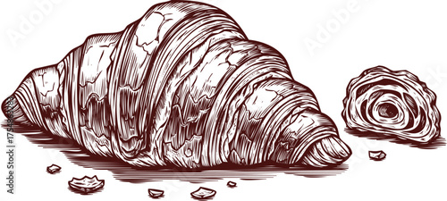 Detailed red silhouette of a croissant and a crumbly piece on a black backgroundWeb