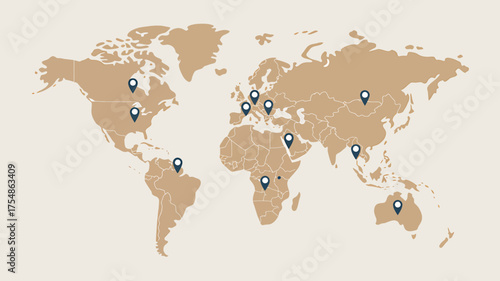 World Map with Location Pinpointers Representing Global Presence and International Reach with Neutral Background for Visual Clarity
