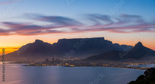 Breathtaking table mountain silhouette at sunset with vibrant sky over tranquil ocean waters