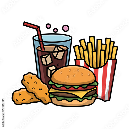 Colorful Cartoon Fast Food Meal with Burger Fries Chicken Nuggets and Soda for Kids Menus and Design Projects