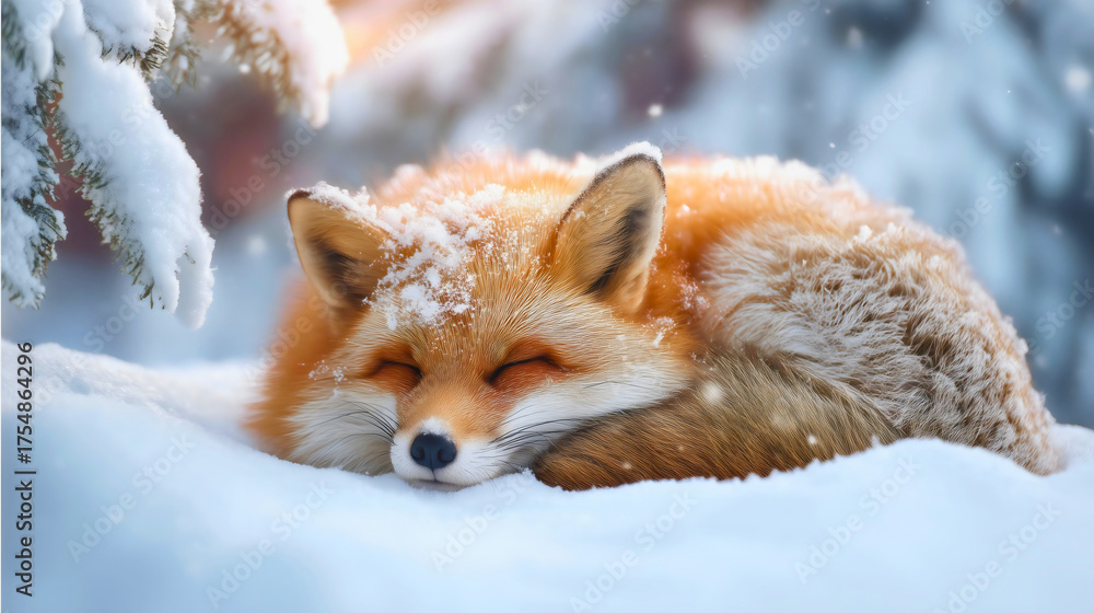 Obraz premium A close-up portrait of a beautiful red fox sleeping in the snow, a peaceful and serene winter scene with a cute wild animal, a concept of wildlife, nature's beauty and tranquility.