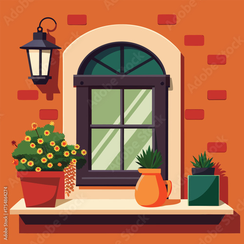 Charming cartoon style illustration of a cozy window scene perfect for adding warmth and character to your designs featuring a delightful and inviting atmosphere